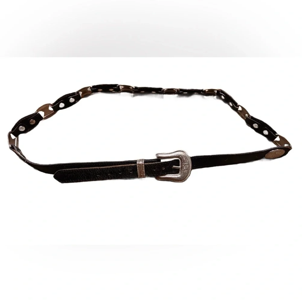 Justin Vintage Black Leather Belt with Silver Buckle and Conchos ladies size XL